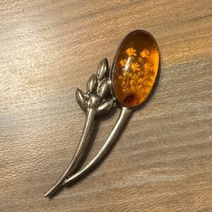 Vintage Amber Sterling Silver Floral Brooch Pin